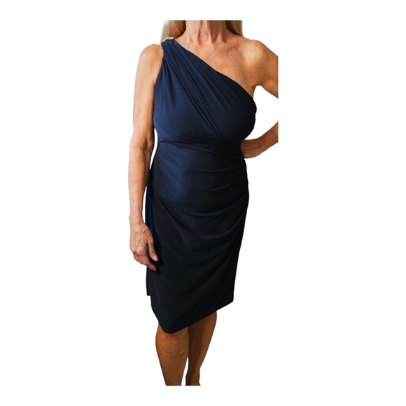 Betsy & Adam Dark Navy Rhinestone Embellished One Shoulder Jersey Dress - Picture 4 of 6